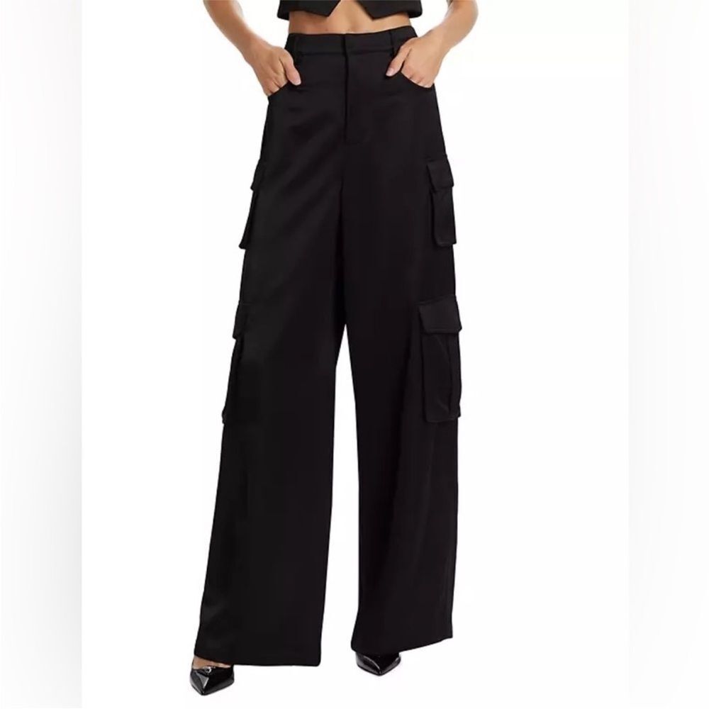New Favorite Daughter Satin Cargo Pants Wide Leg High Rise Black Sz 0